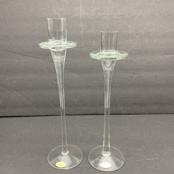 Studio Hand Blown Clear Glass Taper Candle Holder Set Of 2 Graduating 10.5”9.75” - Picture 1 of 11